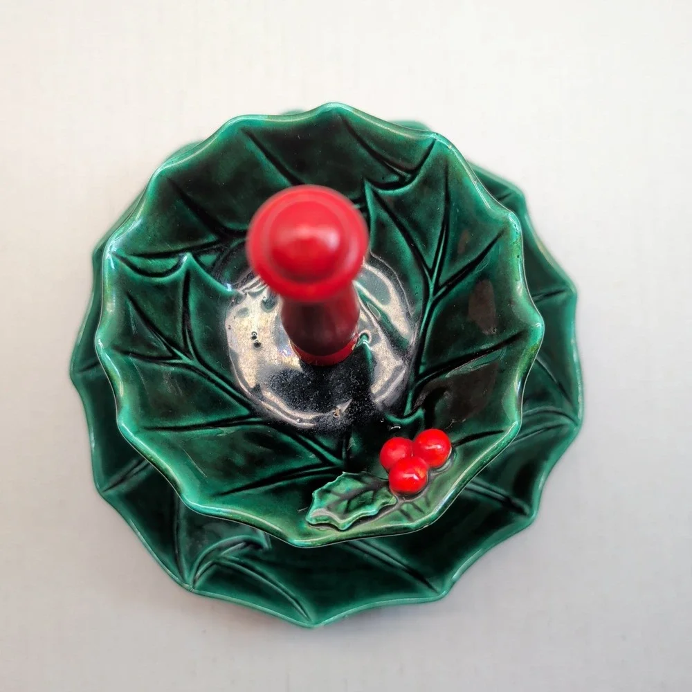 Vintage Lefton 5189 Christmas Holly Leaf 2 Tier Tidbit Tray Green Red Berries